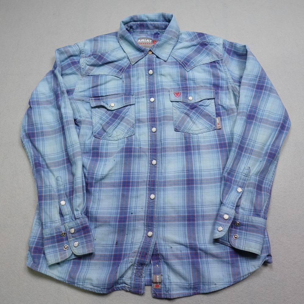 Ariat FR Shirt Mens Medium Blue Plaid Western Pearl Snap CAT 2 2112 Workwear